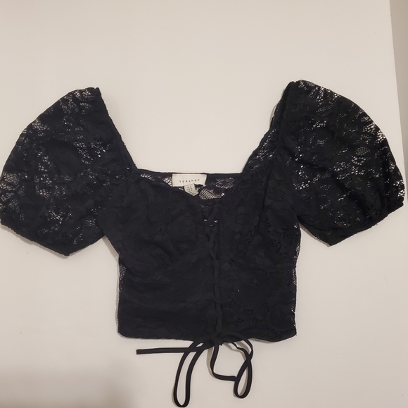 TopShop Black Lace Tie Puff Sleeve Crop Top - Size XXS, 00, 0 - Picture 8 of 9